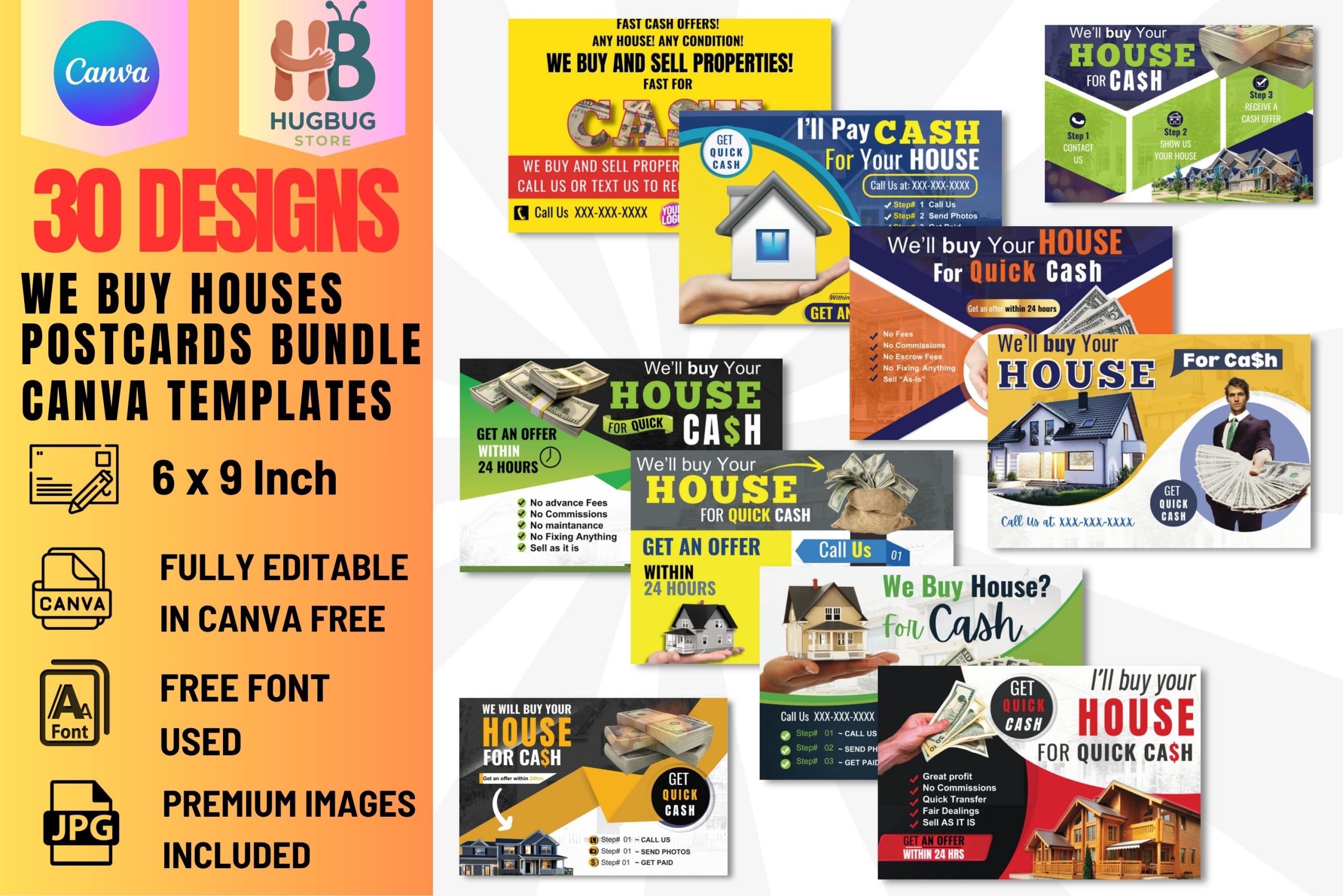 30 Done-For-Your "We Buy Houses" Postcards Bundle editable in Canva Free